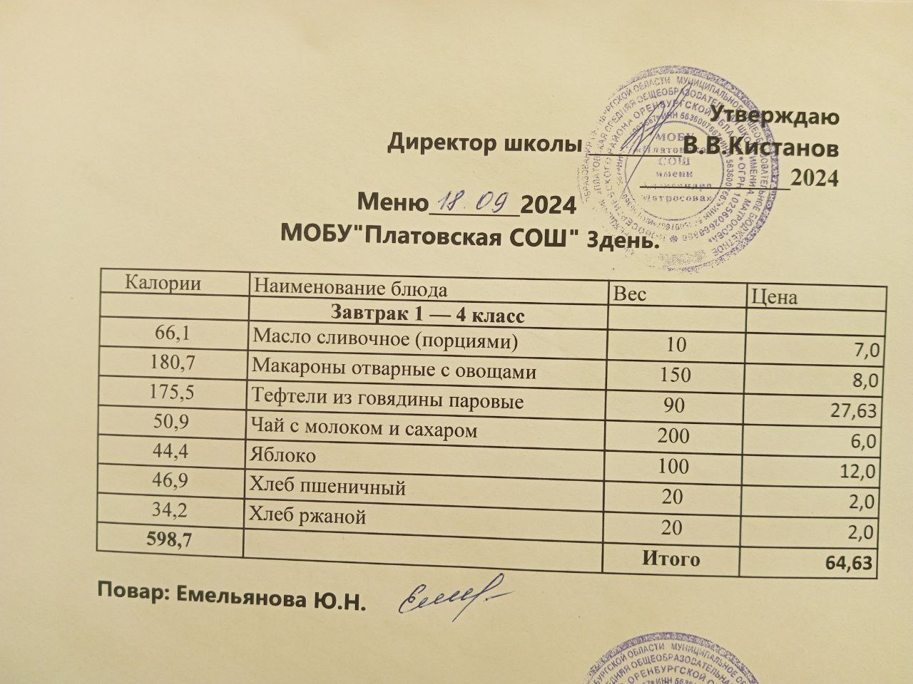 Меню 1-4 классы на 18.09.2024.